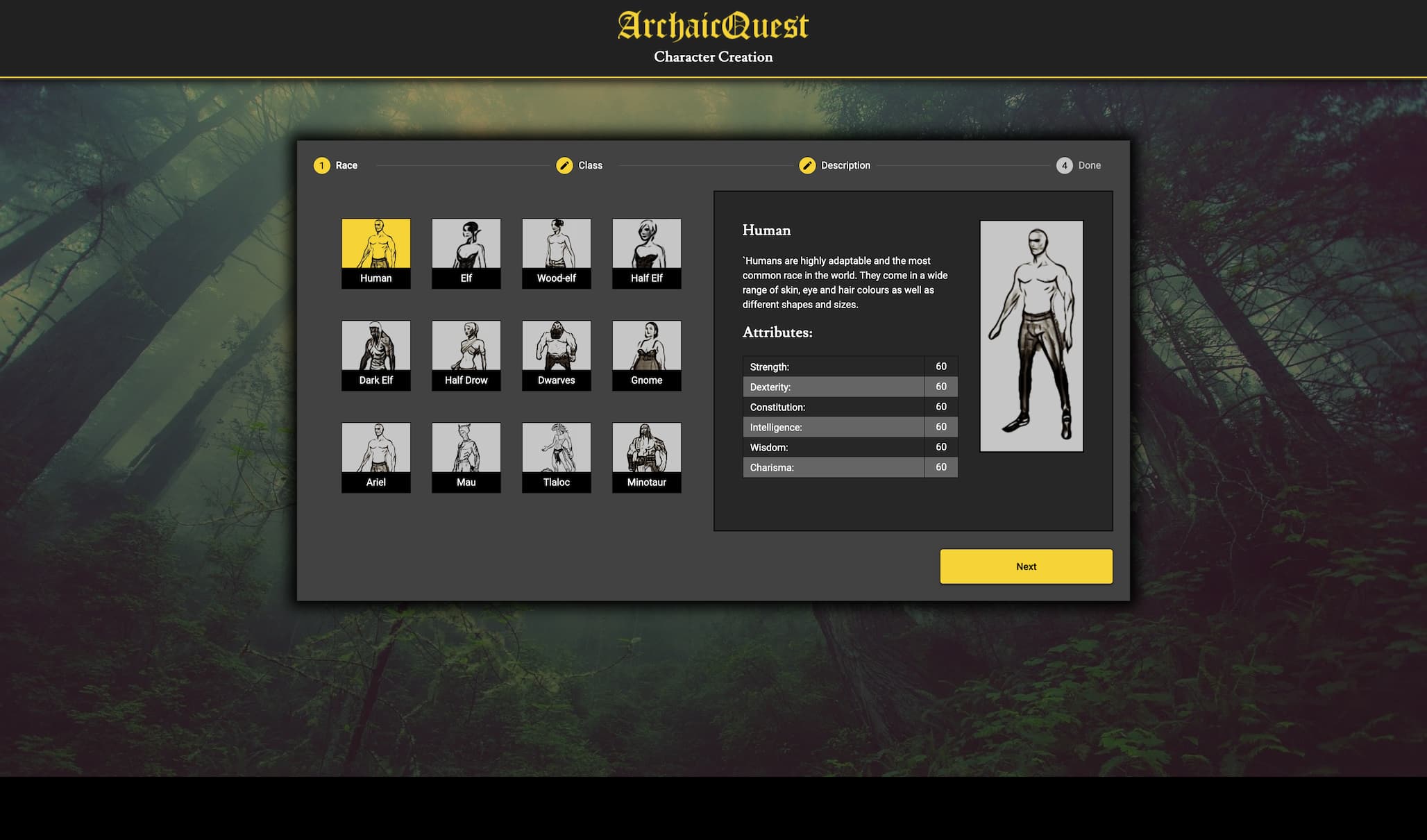 ArchaicQuest creation screen for text based RPG game